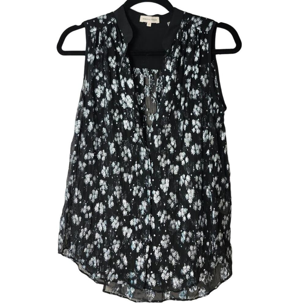Rebecca Taylor Sleeveless Blouse Size 0 Black & Metallic Silver Silk Sheer